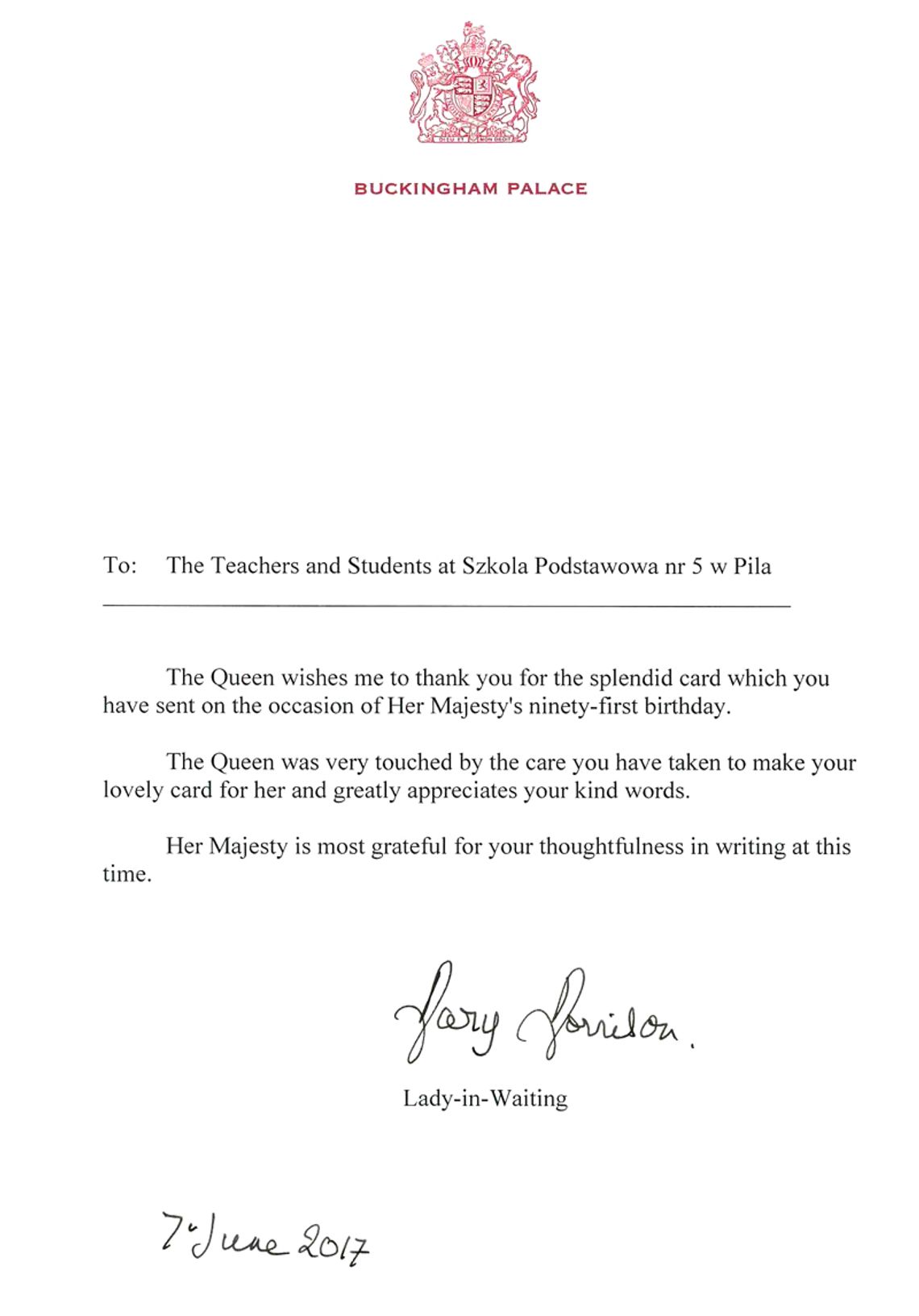 Przyszedł list od Królowej Elżbiety II