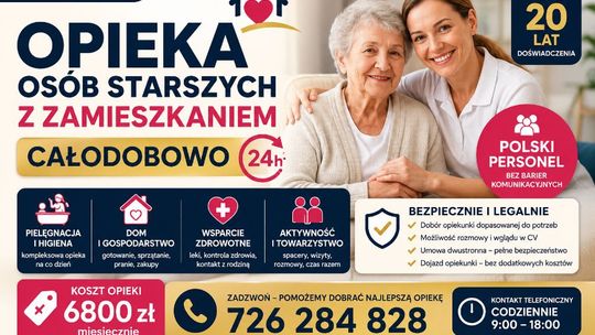 Opieka nad osobą starszą, z zamieszkaniem, 24 godziny